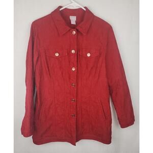 Chicos Women's Size 8/10 Red elongated Jacquard Jean Jacket with floral imprint